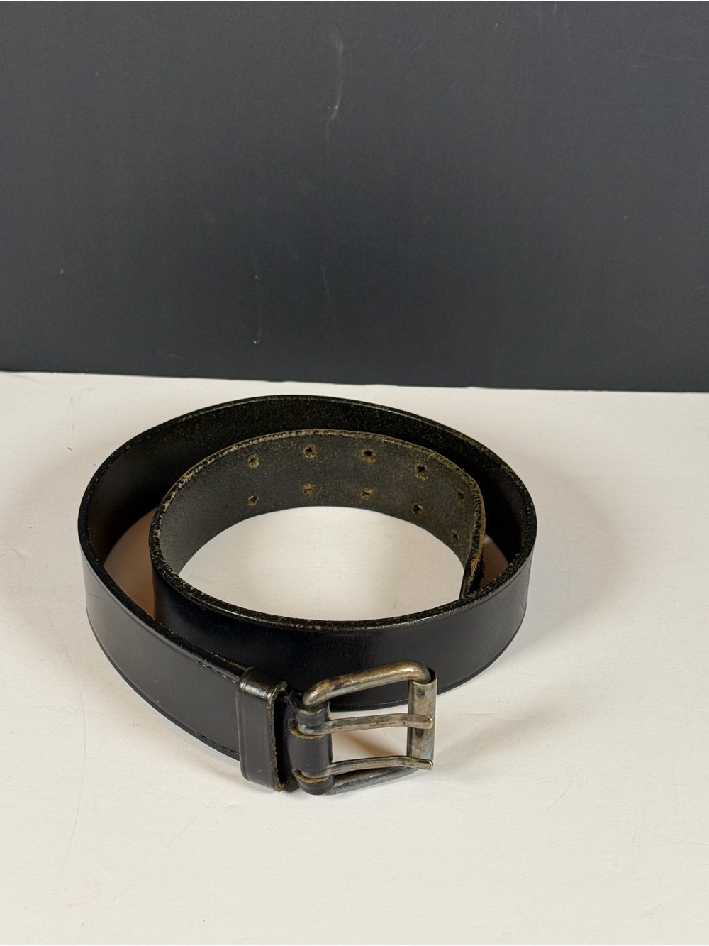 Men's Distressed Black Genuine Leather Double Prong Belt Size 44